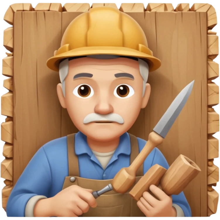 wood carving carpenter portrait, head and shoulders only, carving wooden figure with chisel, wood shavings visible, focused craftsman expression, artisan workshop vibe, 3D cartoon style, mobile game icon style, clean background, no text, no watermark
 emoji