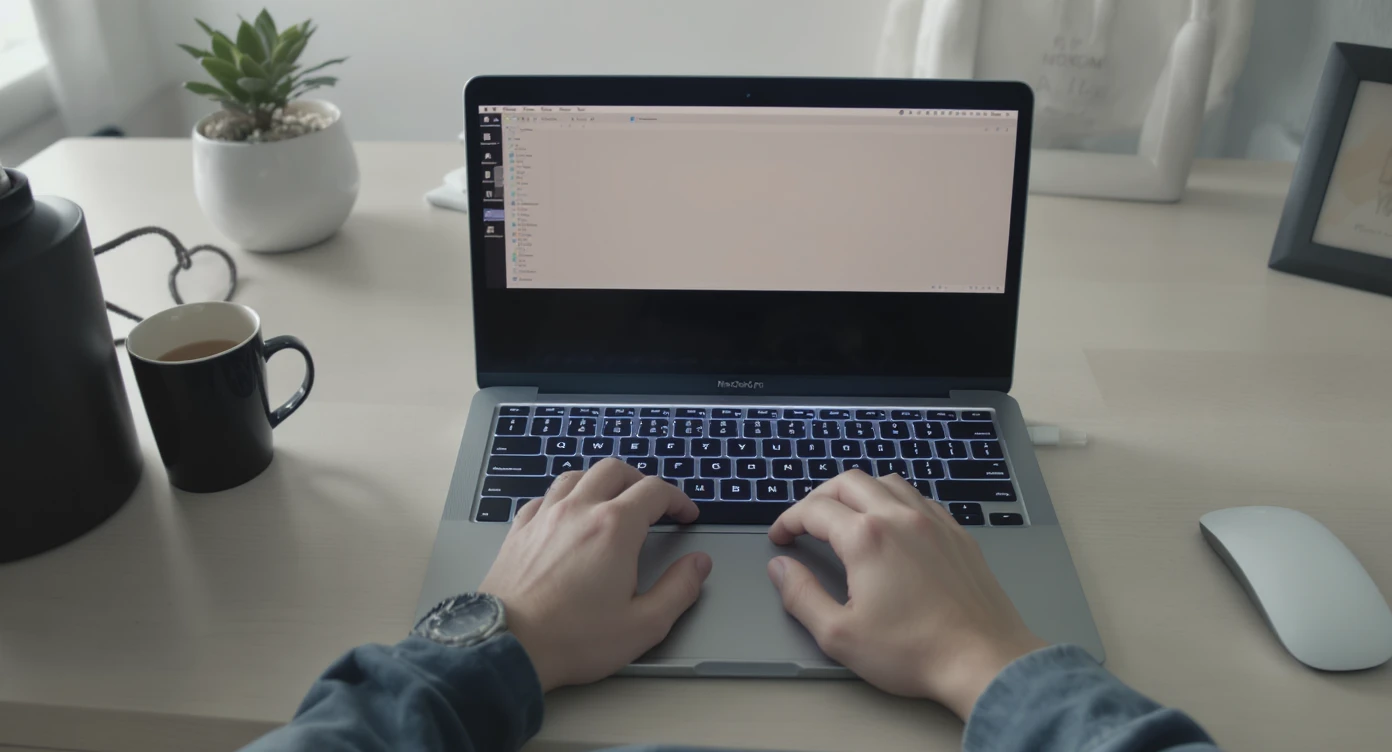 POV shot, Man writing on macbook pro keyboard, minimalistic environment emoji