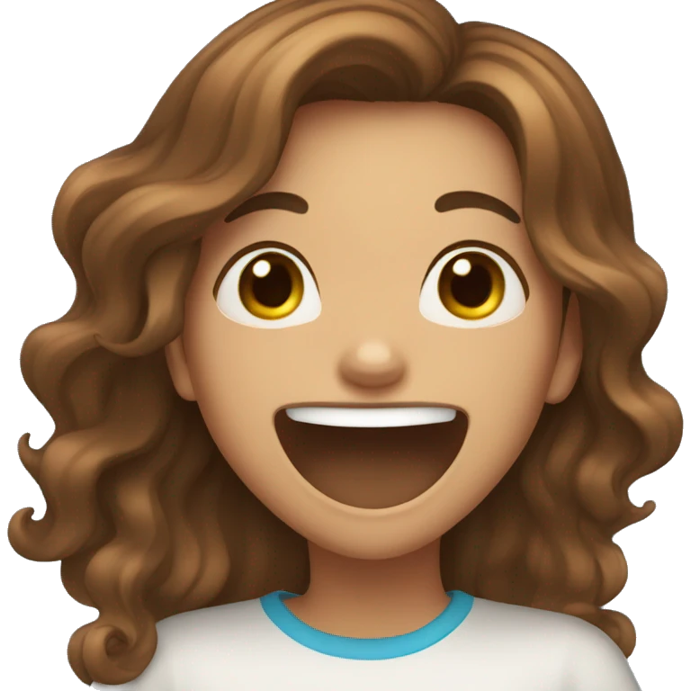 Brown hair girl with long wavy hair and blue laughing while covering her mouth  emoji