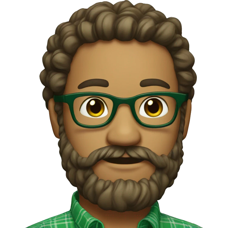 An emoji of a man with curly hair tied into a bun, wearing green prescription glasses. He also has a long beard and is wearing a green plaid shirt. emoji