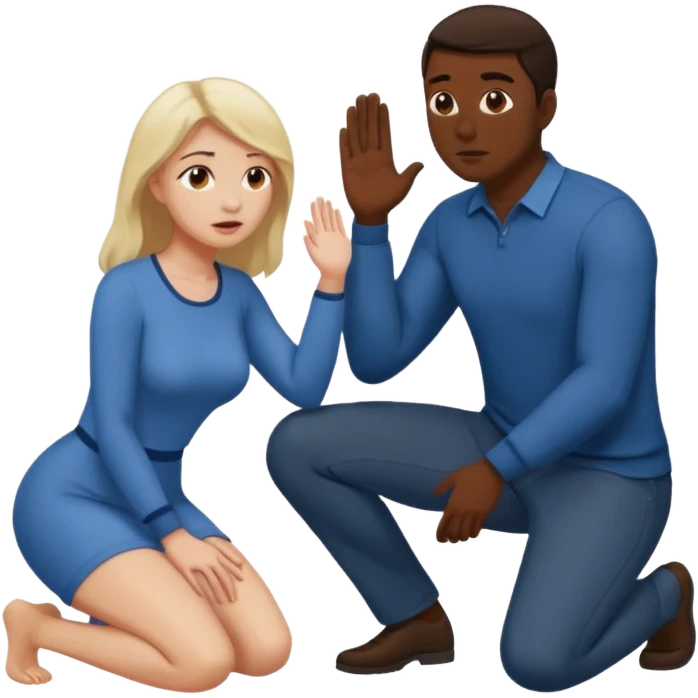 A woman kneel down in front of a man and the man moan emoji