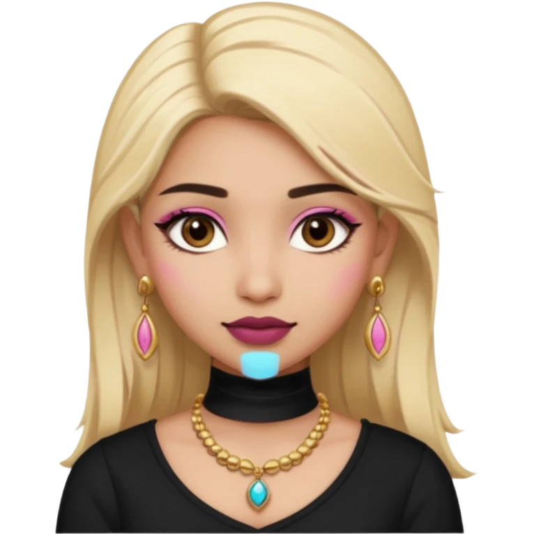Sweet Indian girl blonde hair darkbrow  eyes brown lipstick, pink blush, black top gold earrings, brown eyebrows  emoji