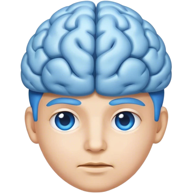 All blue adult person face emoji with a brain for hair and calm content expression emoji