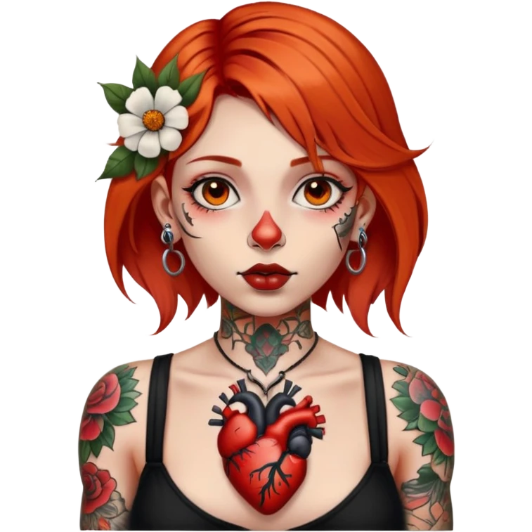girl with fair skin, small nose, orangey red shoulder-length hair, large brown eyes, full lips, septum ring on nose and large black and white chest tattoo of anatomical heart with tattoos of flower bunches near the shoulders emoji