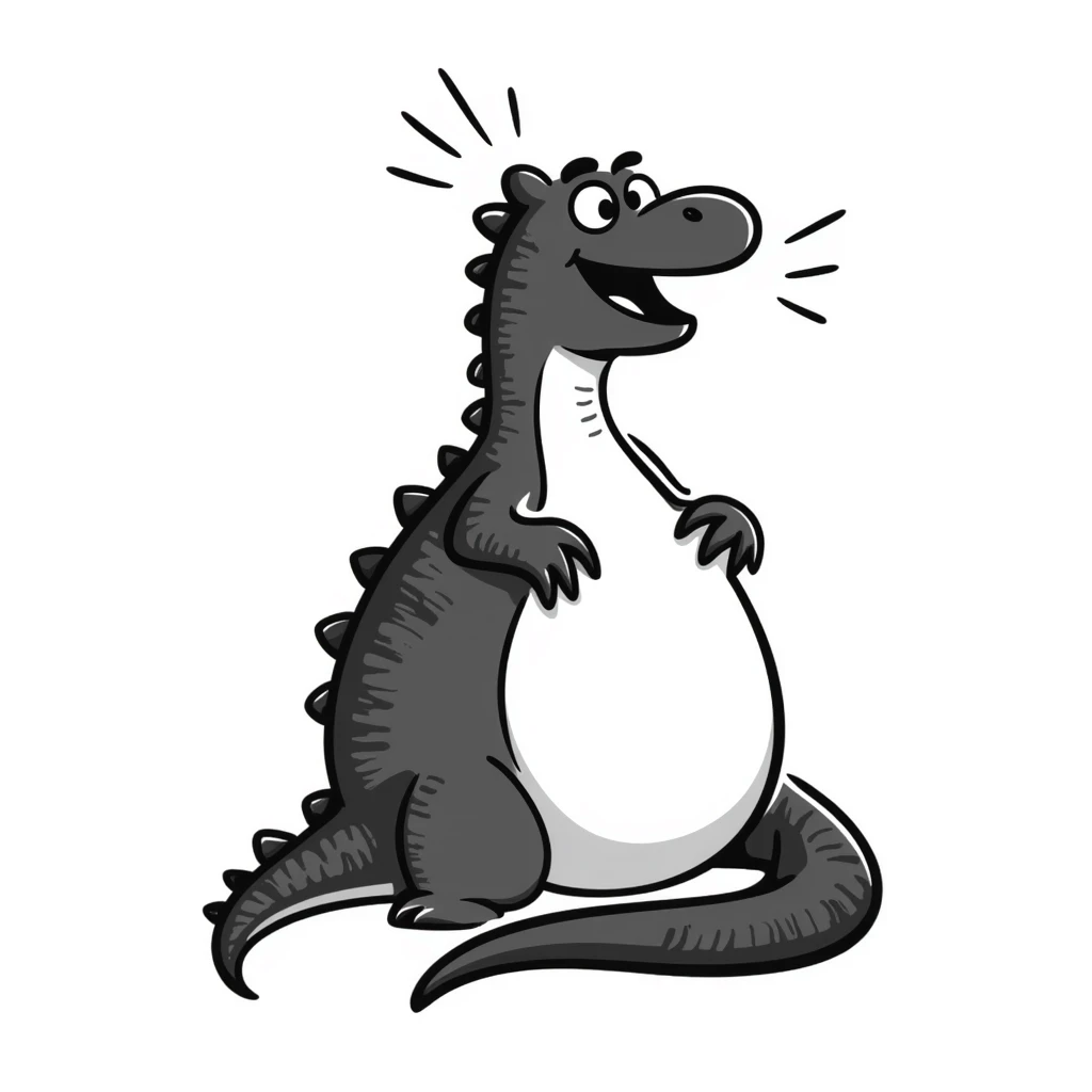 A hand-drawn fat komodo dragon with a huge round belly, hiccupping with motion lines around it emoji