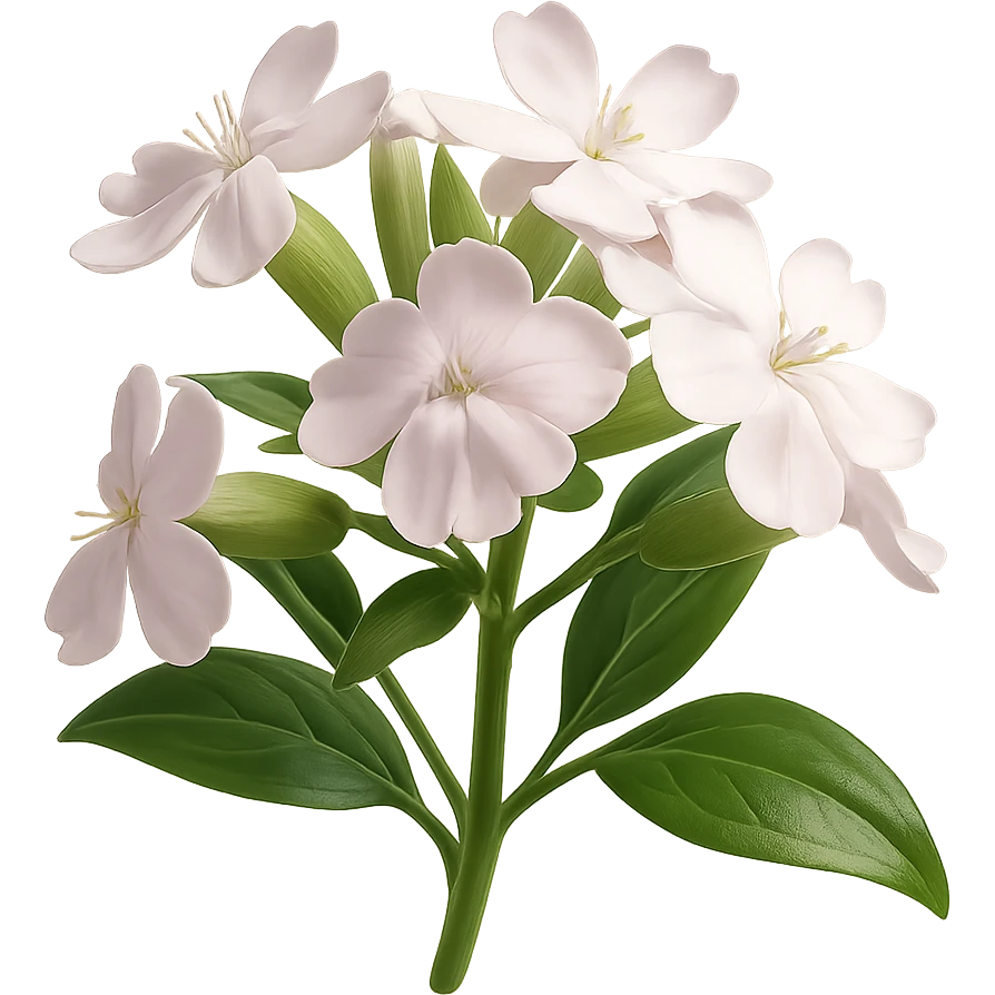 Create a 3D iOS-style realistic soapwort (Saponaria) flower with delicate pale pink petals, green stem and leaves, soft lighting, and a glossy effect. The image should have no background. Render in the style of GPT Image to capture realistic and detailed features. emoji