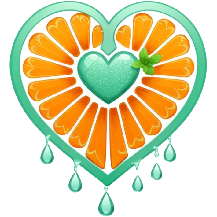 orange glittery heart, chopped  in pieces  with mint green water dripping down and a couple art deco fans  emoji