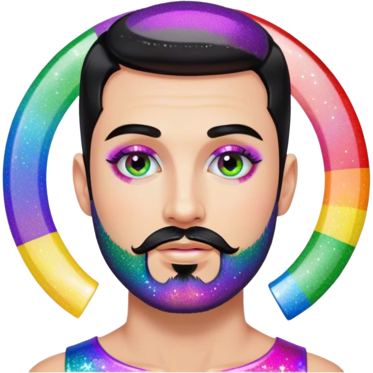 White man with black short hair and short black goatee circle-beard, very gay very glitter very rainbow add nail polish and makeup and lashes emoji