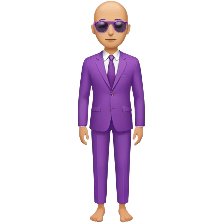  A bald and skinny man about 45. He's wearing a purple suit and sunglasses which it's standing on his head. He doesn't wear sucks. emoji