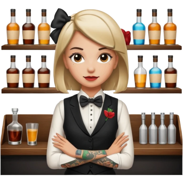 a bartender girl with bow tie and vest, having tattoo















 emoji