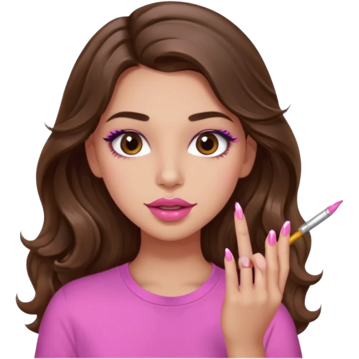 girl with long wavy brown hair, brown eyes, light to medium complexion, in a pink shirt, pink lips, long lashes, puckered lips,  painting long finger nails emoji