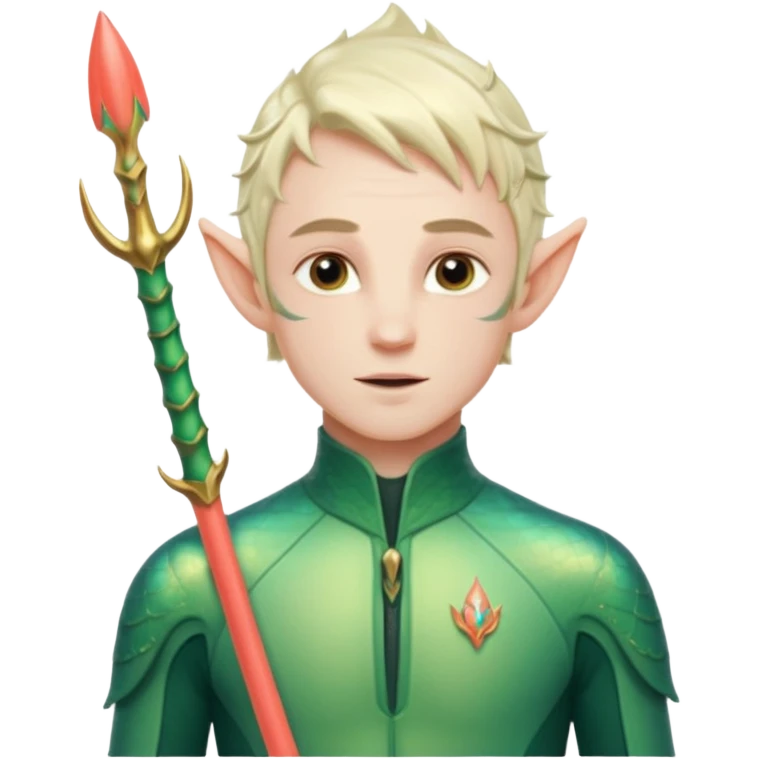 male elf in iridescent wetsuit, coral staff Gills on neck legolas emoji