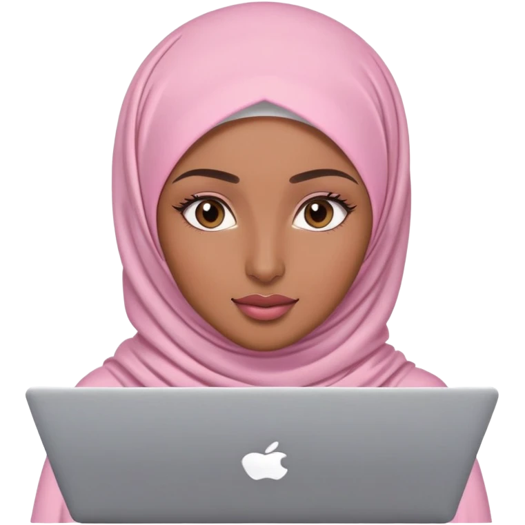 Medium brown skin woman wearing light pink hijab with natural makeup, long eyelashes and lip gloss working behind laptop emoji