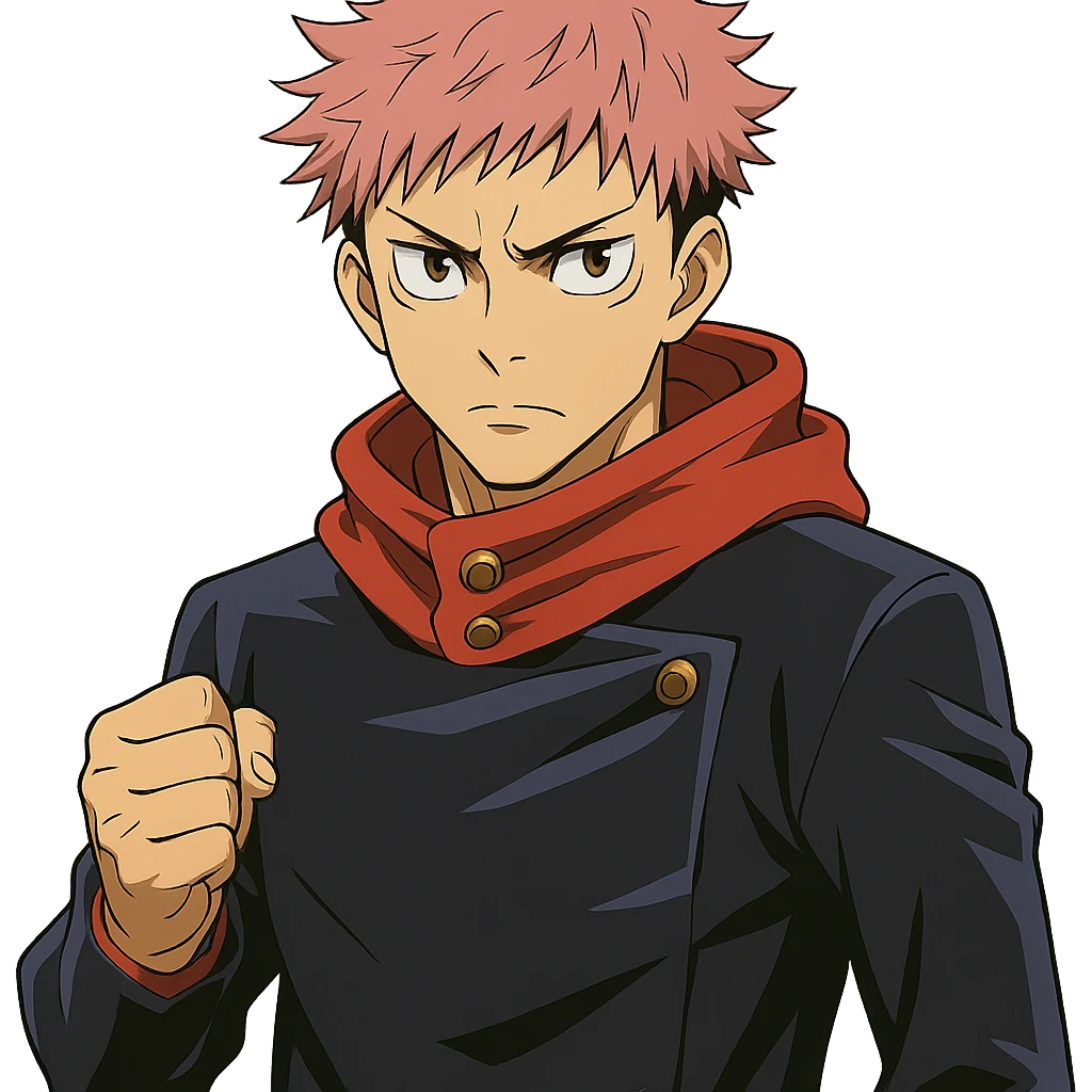 Yuji Itadori from Jujutsu Kaisen, pink hair, school uniform, determined expression, anime style emoji
