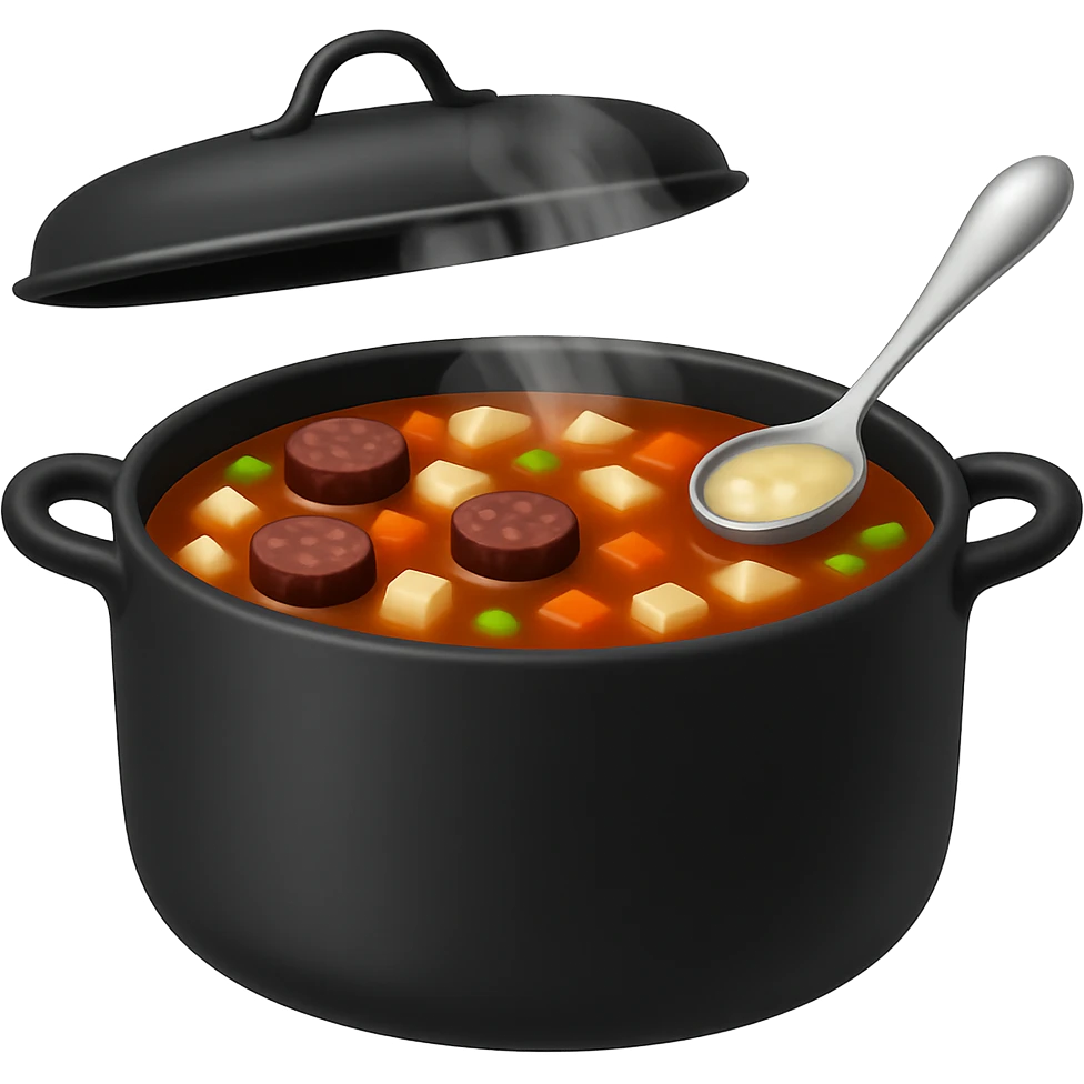 Remove the egg from the sundae gukbap, keep the rest of the ingredients and the steaming soup in the earthenware pot. The style is Apple emoji style with no background. emoji