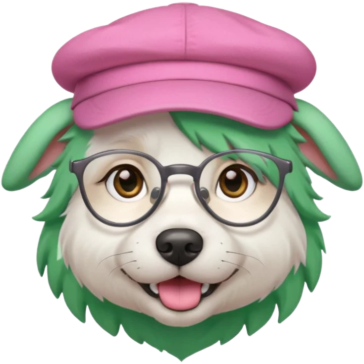 fully white dog, green haired, glassess and a pink hat emoji