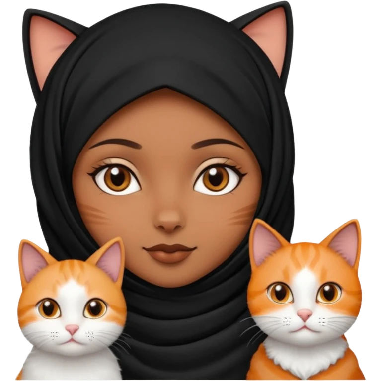 A girl with brownblack eyes and black hijab and three cats, one blackwhite girlcat and one blackwhite boy cat emoji