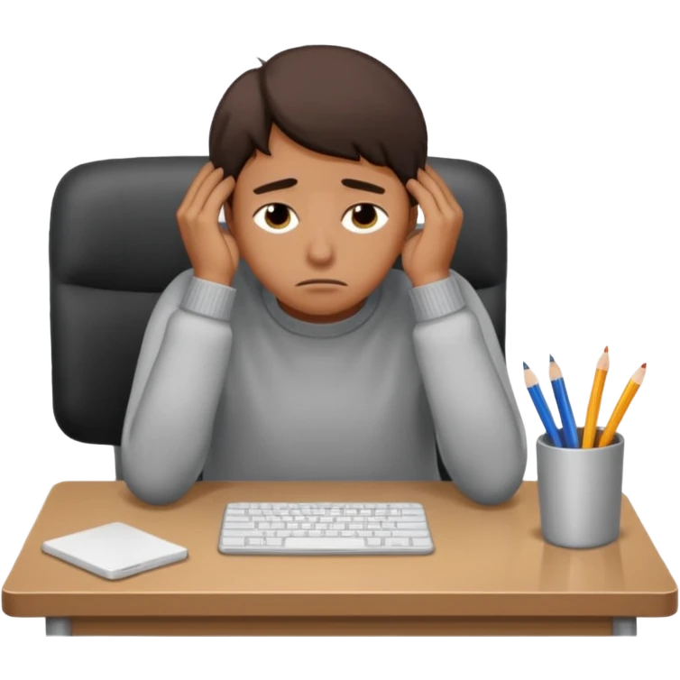 A person wearing a jumper experiencing burnout, exhausted and overwhelmed, tired eyes, slumped posture, sitting at a desk, iOS emoji style emoji