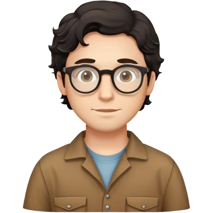 Young caucasian man with black wavy hair, round glasses, wearing brown carpenter outfit with shirt underneath emoji