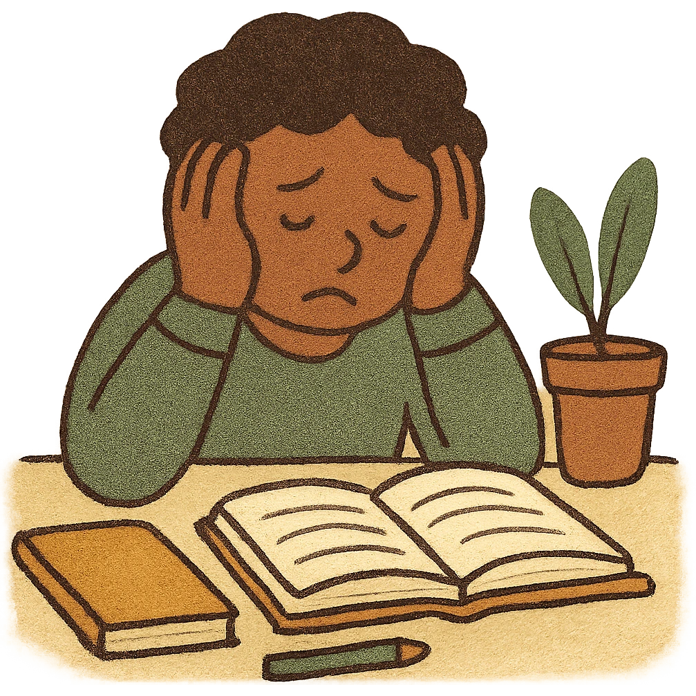 student frustrated with head in hands, modern look, green gold and white color scheme, rounded shapes, simple design emoji