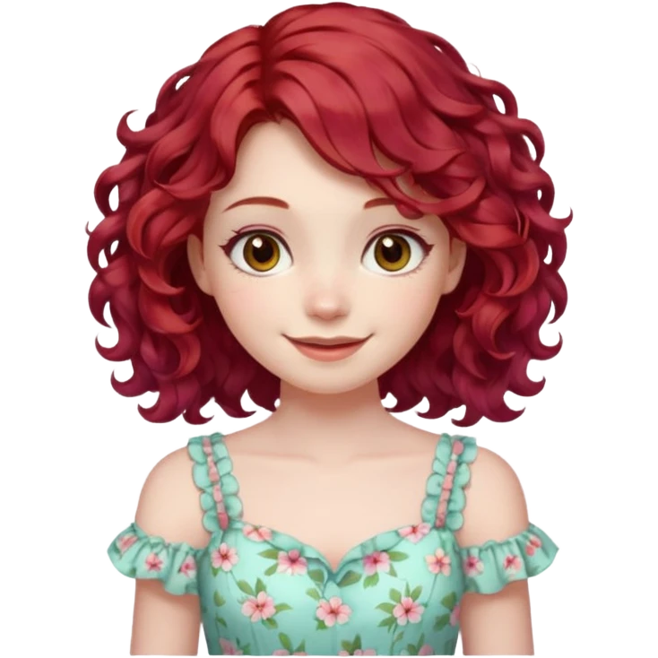 girl with shoulder length curly cherry red hair with brown eyes and pale skin smiling. pastel dress emoji