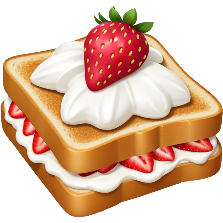 square toast topped with fluffy white cream, decorated with a strawberry bow made from two strawberry halves and a small sliced center, bright red and glossy emoji