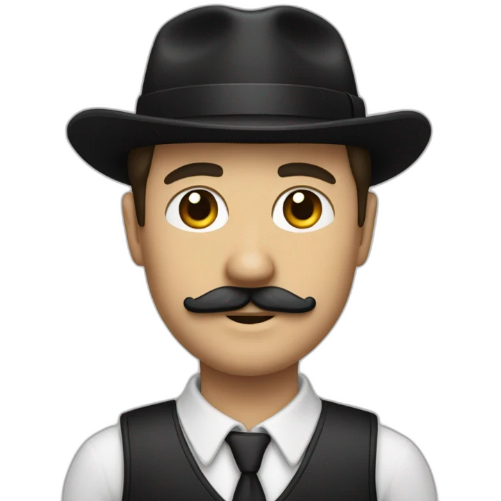 Un homme blanc avec un costume noir et une moustache noire et des cheveux noir plaqué emoji