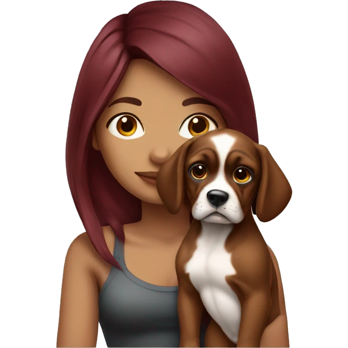 Beautiful tattooed  burgundy long haired woman holding a boxer puppy emoji