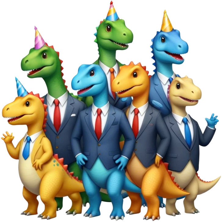 different office dinosaurs in office suits celebrating birthday emoji