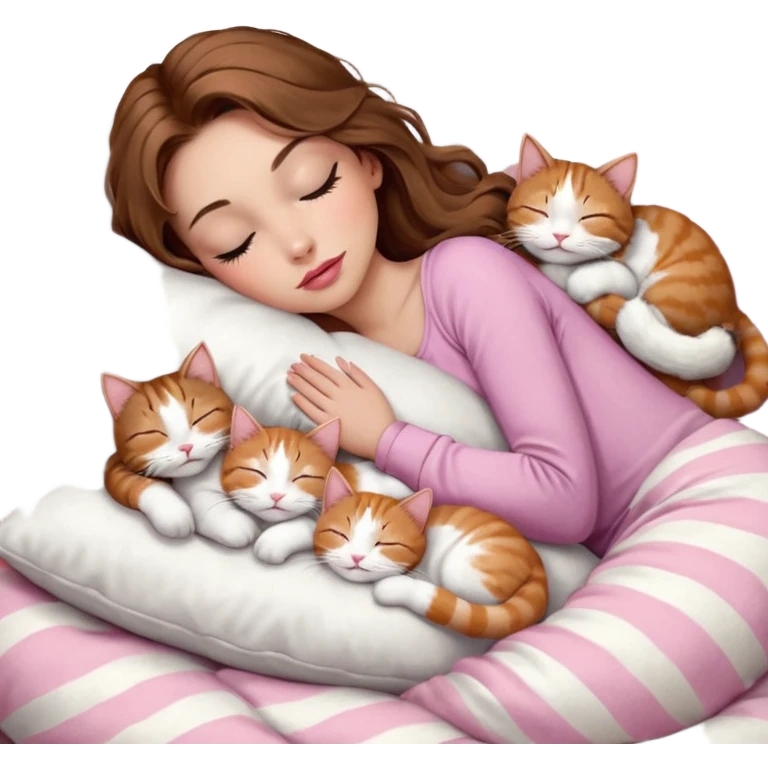 girl with long wavy brown hair, brown eyes, long lashes makeup, sexy pink lips, light to medium complexion,  sleeping on a cozy pillow, with 6 cats: 1 brown and white tabby cat, 1 ginger and white, 2 grey and white, 1 grey with white mittens and small white patch on chest and 1 calico, sleeping emoji