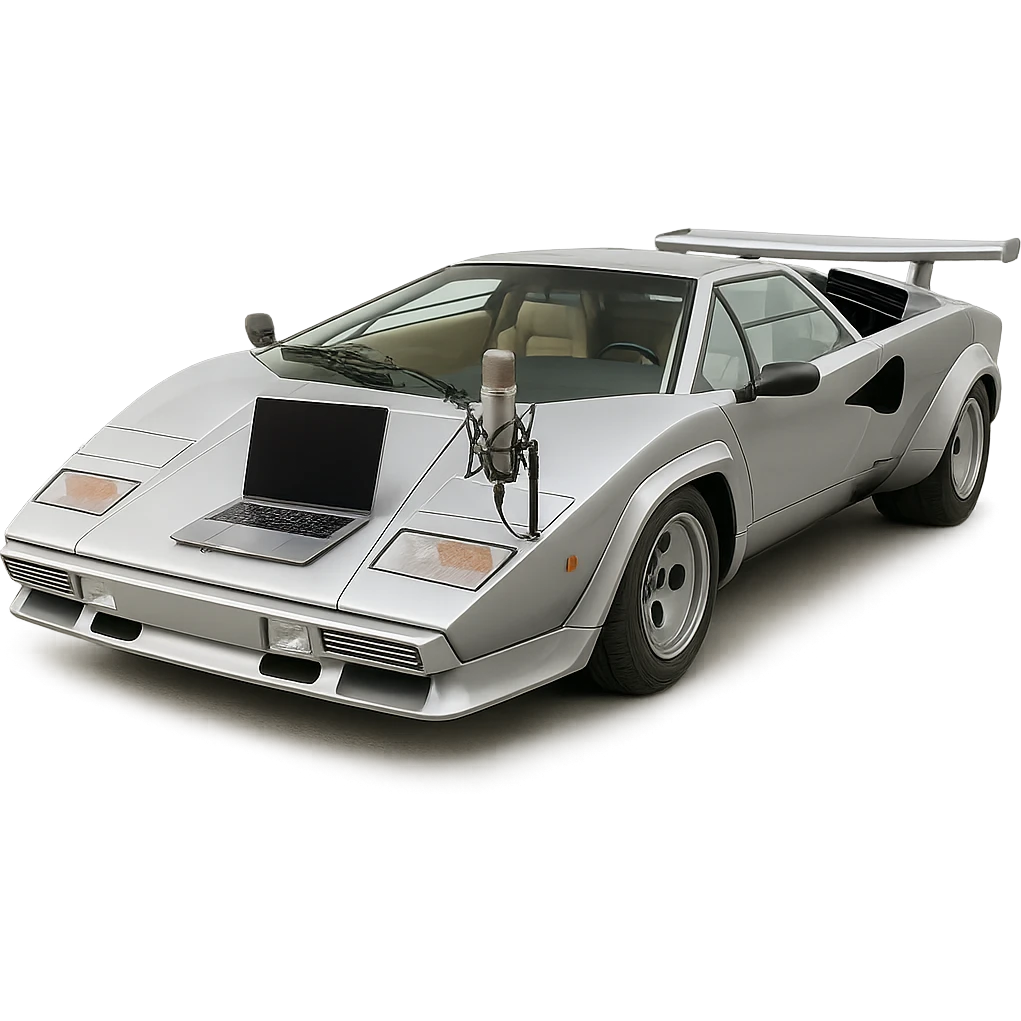 Lamborghini Countach with a laptop and recording microphone on the hood emoji