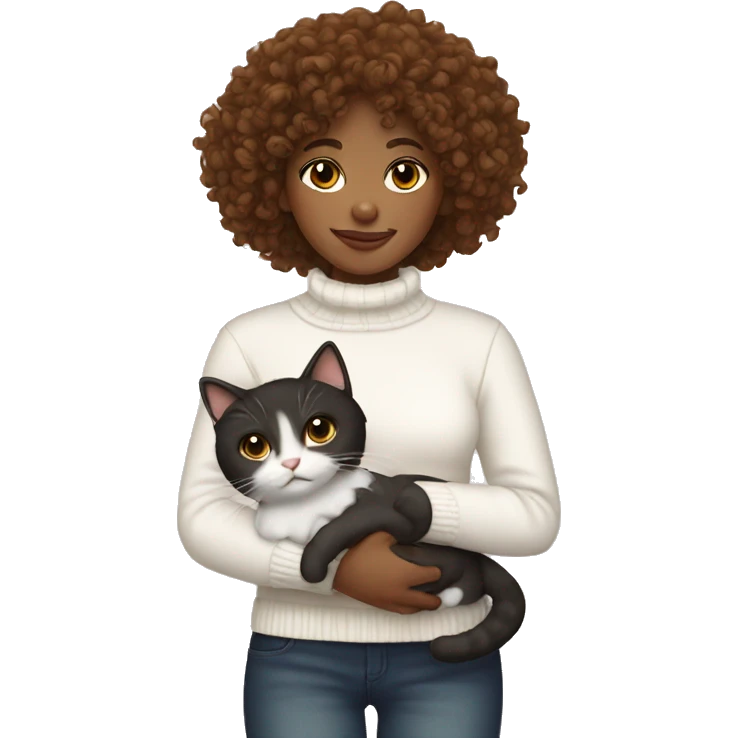 brown curly haired girl with a white sweater holding tuxedo cat  emoji