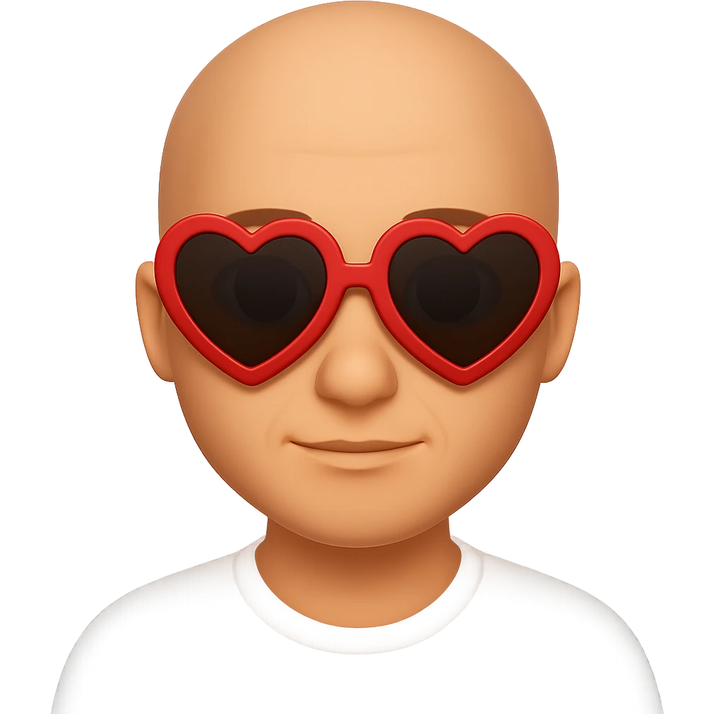 A bald guy wearing heart-shaped sunglasses in the style of apple emojis, with no background, clean and crisp apple emoji style look. emoji