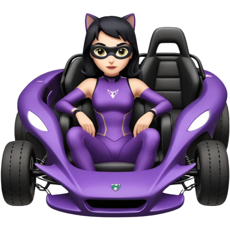 full size real-appearance road glowing racing sexy buxom CatWoman’s feminine midnight-colored tight outfit sixty’s tv show dark stealthy accurate sporty safe plush deluxe off-road pursuit drifting car jaguar (black hair,reclined and relaxed torso and shoulders back seating position) cross kart  emoji