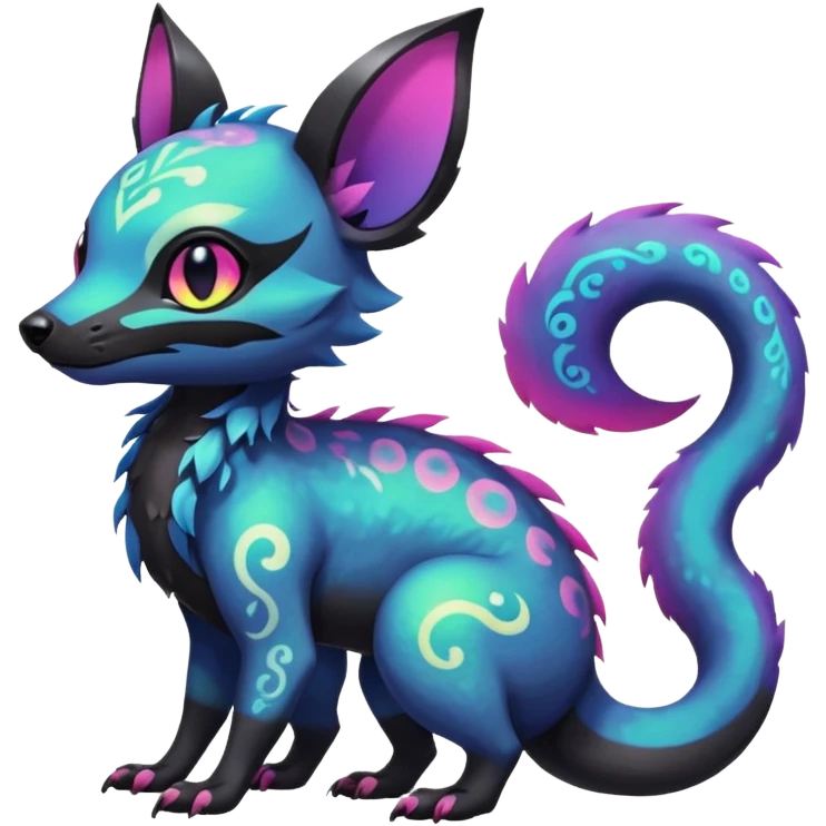 Rare neon iridescent white exotic cute epic aesthetic gothic colorful Salandit-Eevee-Civet-species-Fakemon-hybrid-creature, with intricate tattoo markings, full body emoji