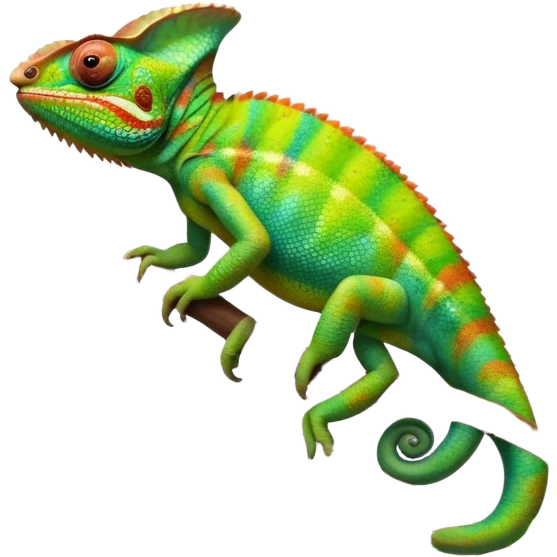 Giant Chameleon blending into natural surroundings, perched on a branch. Its vibrant colors shift with the environment. Lush greenery, branches, and soft sunlight create a peaceful, nature-filled background. Transparent background, showcasing the chameleon's colorful, textured skin. emoji