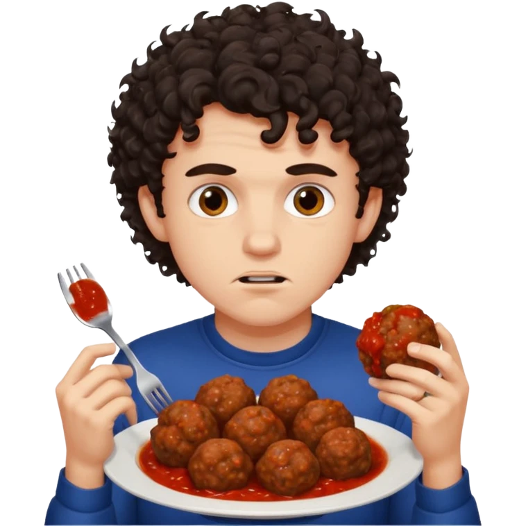 Ragazzo di 20 anni con capelli ricci scuri, leggermente arrabbiato che mangia 2 polpette  emoji