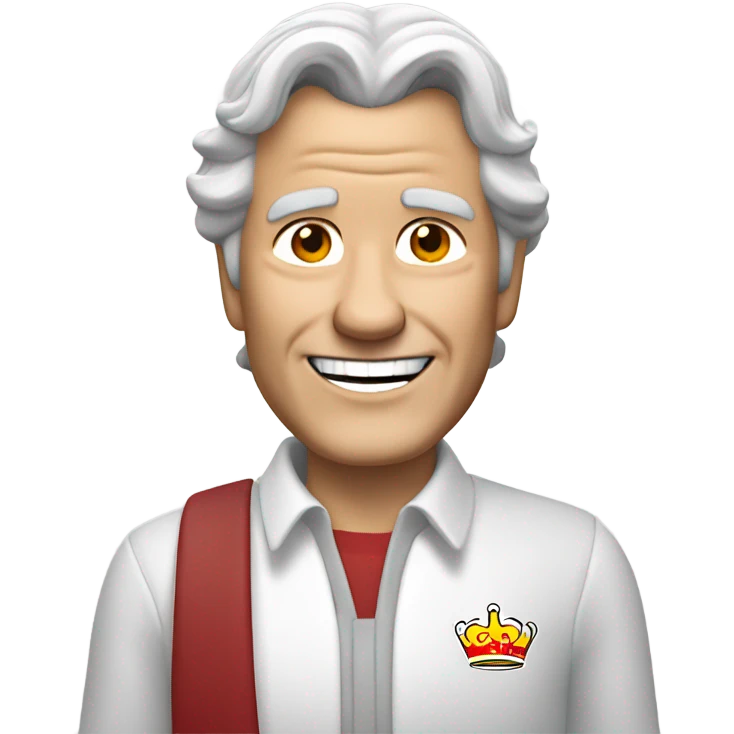 Older white guy with shoulder length grey hair wearing a white shirt and a Burger King crown smiling  emoji