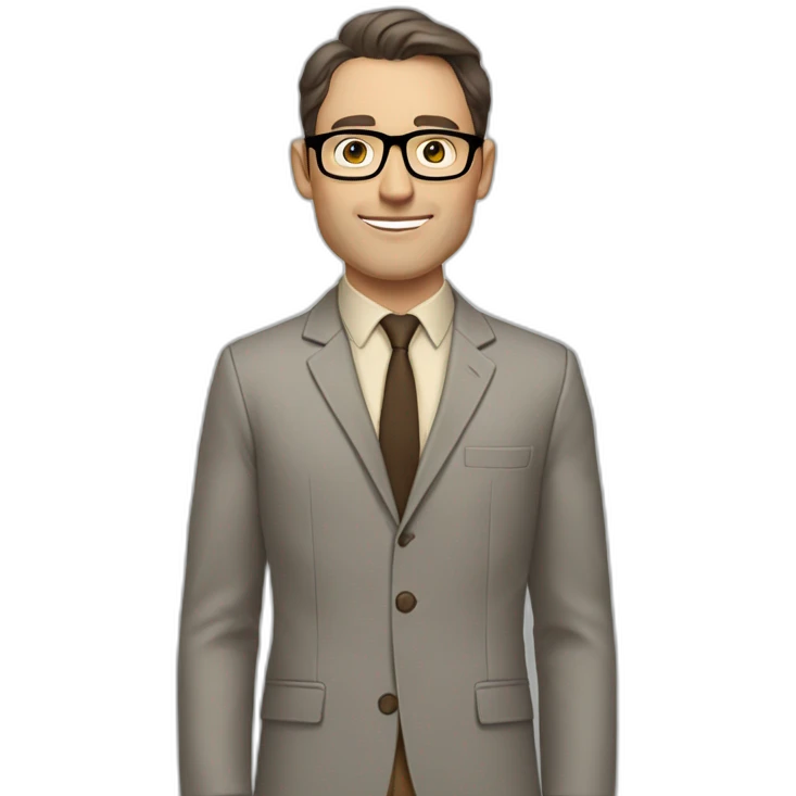 Full height Gesticulating Pale skinned fit man with dark brown hair in gray jacket, beige office shirt, brown tie, brown pants and vintage glasses. emoji