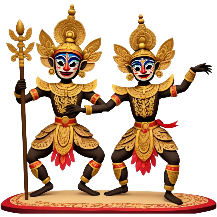 ​Cinematic Realistic Wayang Golek Ayun-ayun Dancers, depicted as intricately carved traditional wooden puppets in dynamic dance poses, adorned with vibrant painted details and expressive features, set against a softly lit stage that evokes centuries of Indonesian cultural heritage, rendered with lifelike textures and dramatic atmospheric lighting, emoji