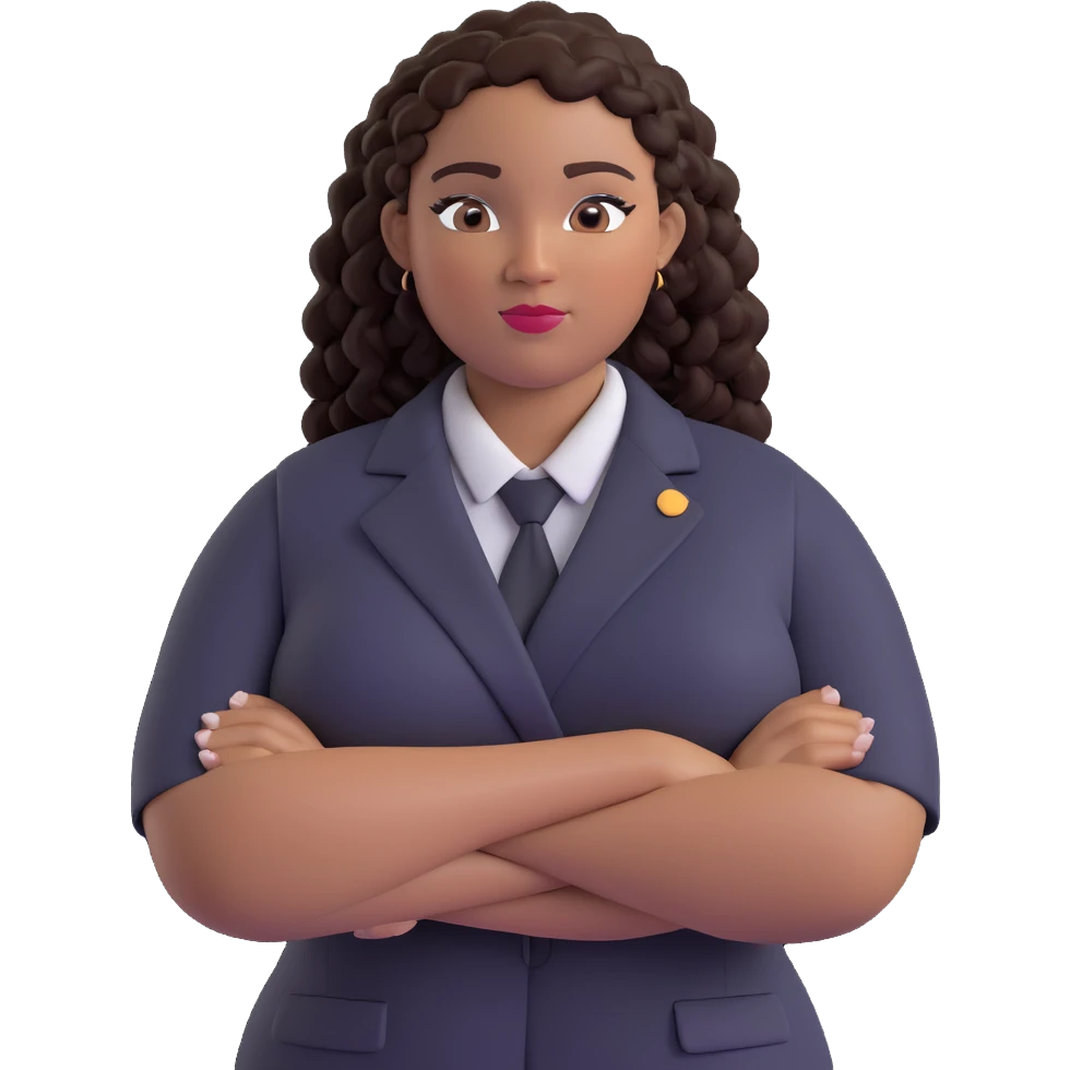 confident plus size Black woman with curly braids, arms crossed, professional look, simple background emoji