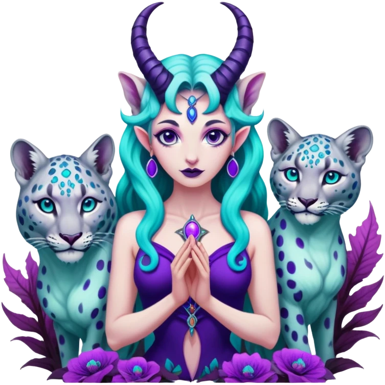 Feminine Baphomet standing among trippy purple and teal mushrooms.. she’s petting a snow leopard  emoji