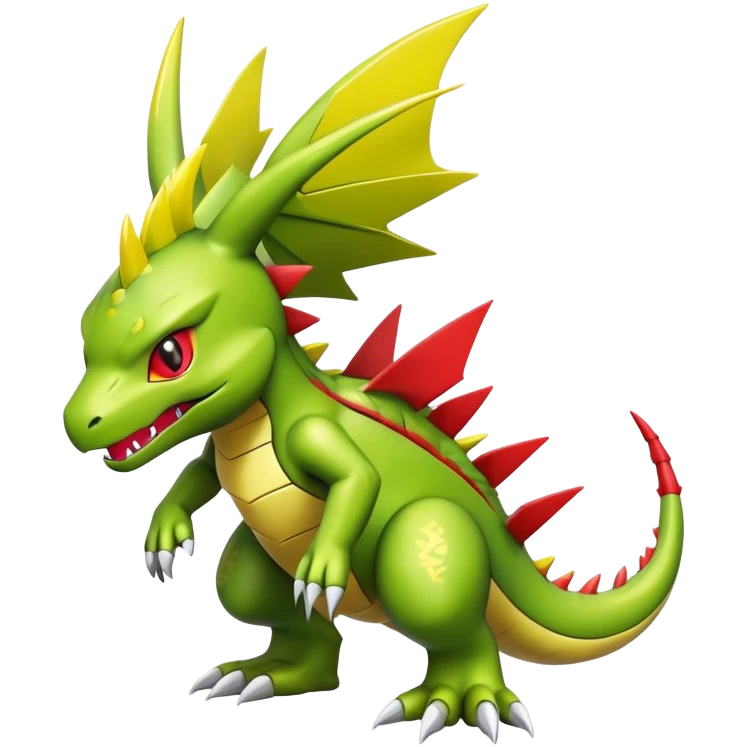 Cool cute shiny futuristic Guilmon-Flygon-Tyranitar-Digimon-hybrid-fusion, yellow belly, full body emoji