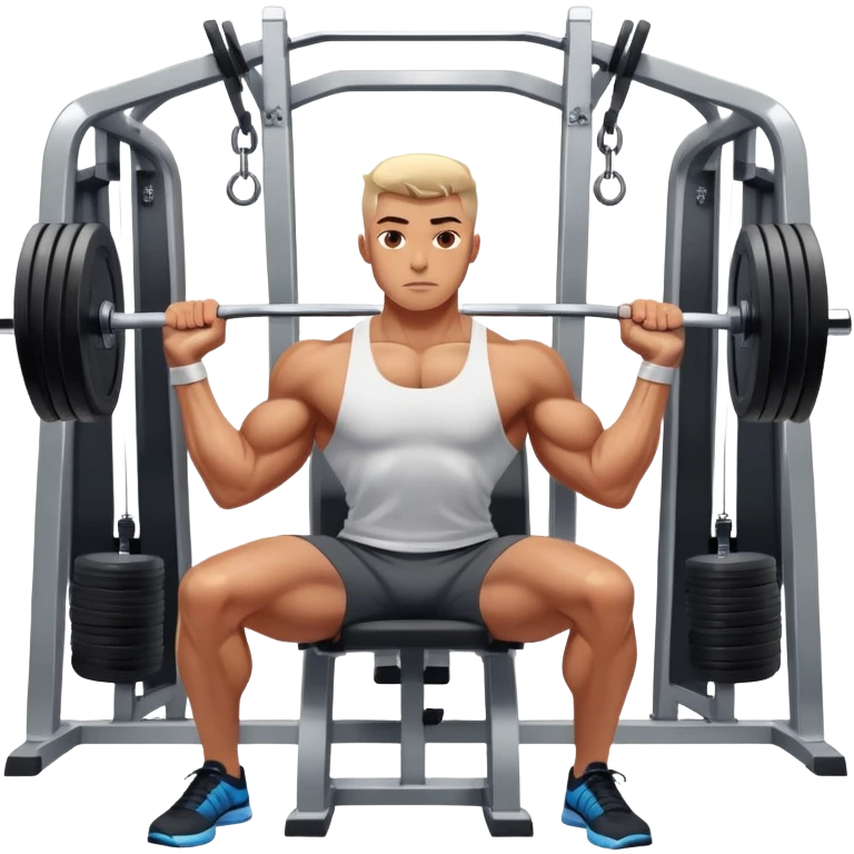 A focused athlete working out on a strength training machine in a modern gym. Muscles engaged, expression determined, demonstrating power and endurance. The gym is filled with equipment like dumbbells, barbells, and mirrors reflecting effort, creating a high-energy atmosphere. emoji