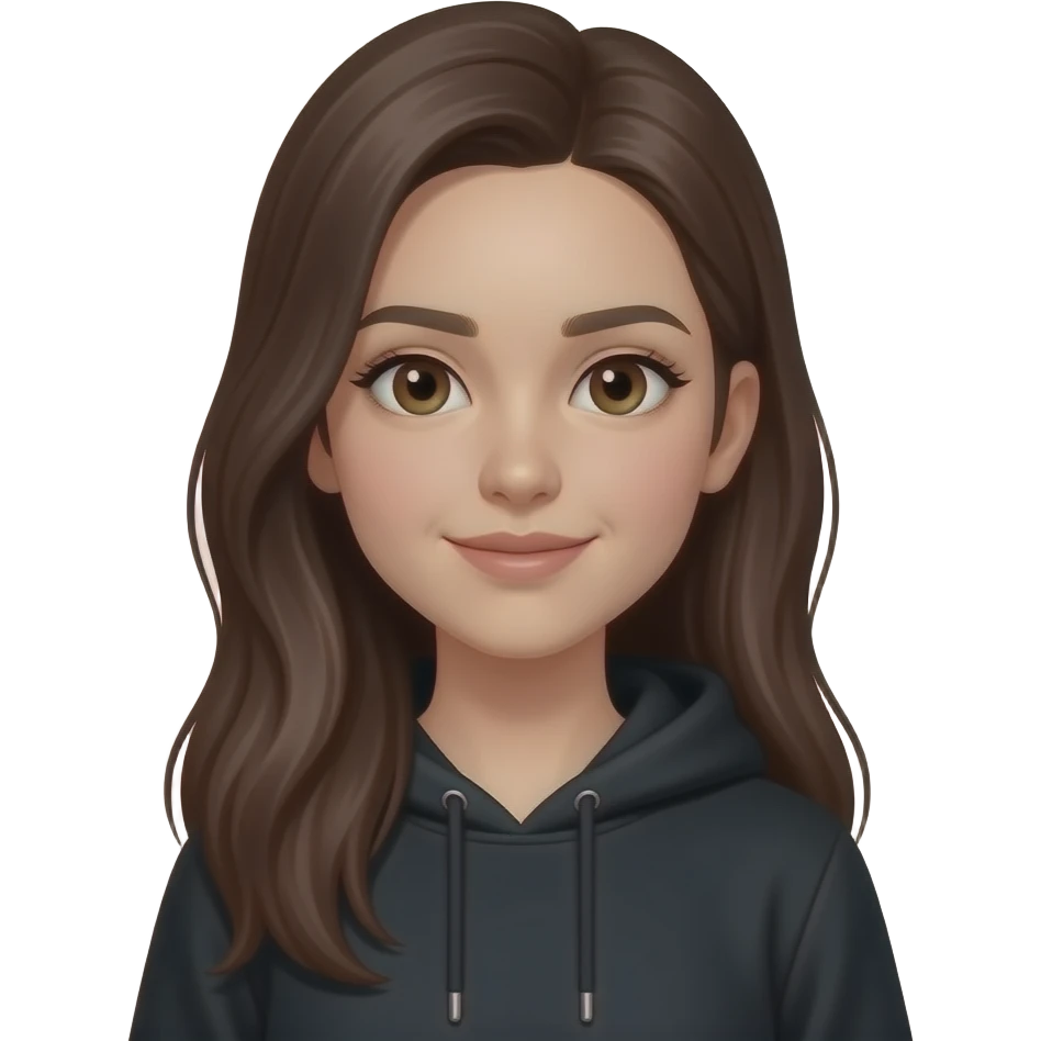 Искам emoji да е girl(без брада) да е окло 17 годинис дълга коса тъмно кестенява и с бритон, също да и се вижда леко тялото с черно худи emoji