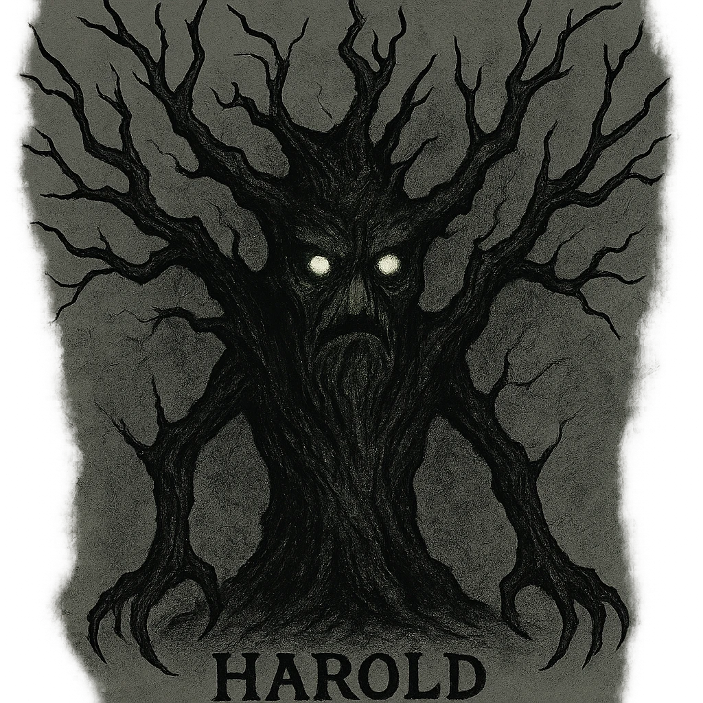 tree character named Harold inspired by Haunted Mound, dark eerie mysterious vibe, twisted branches, glowing eyes, haunting presence emoji
