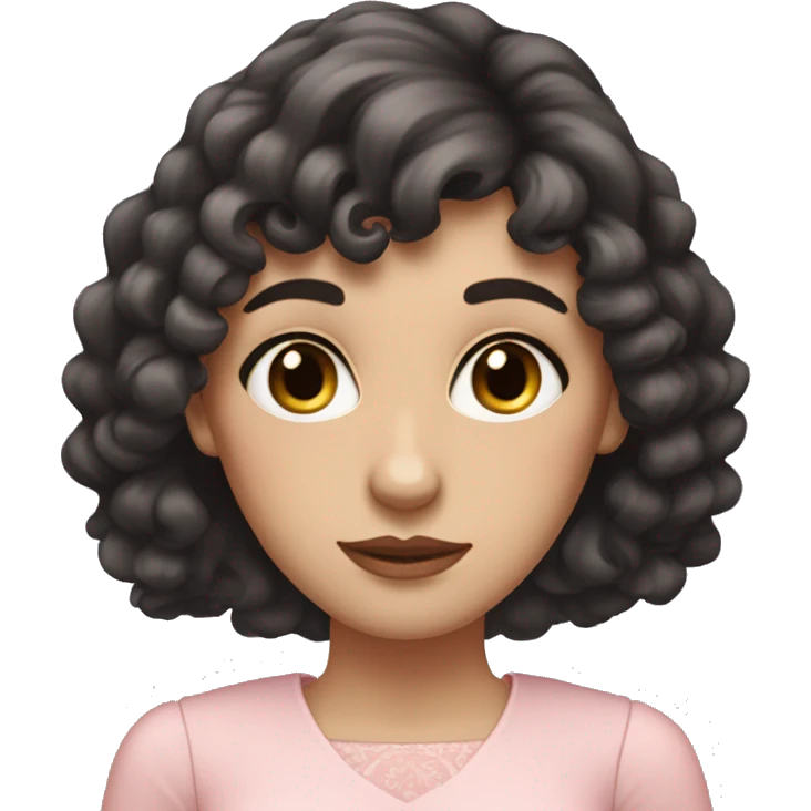White woman with long black curly hair and bangs and dark brown eyes, wearing a pastel pink dress emoji