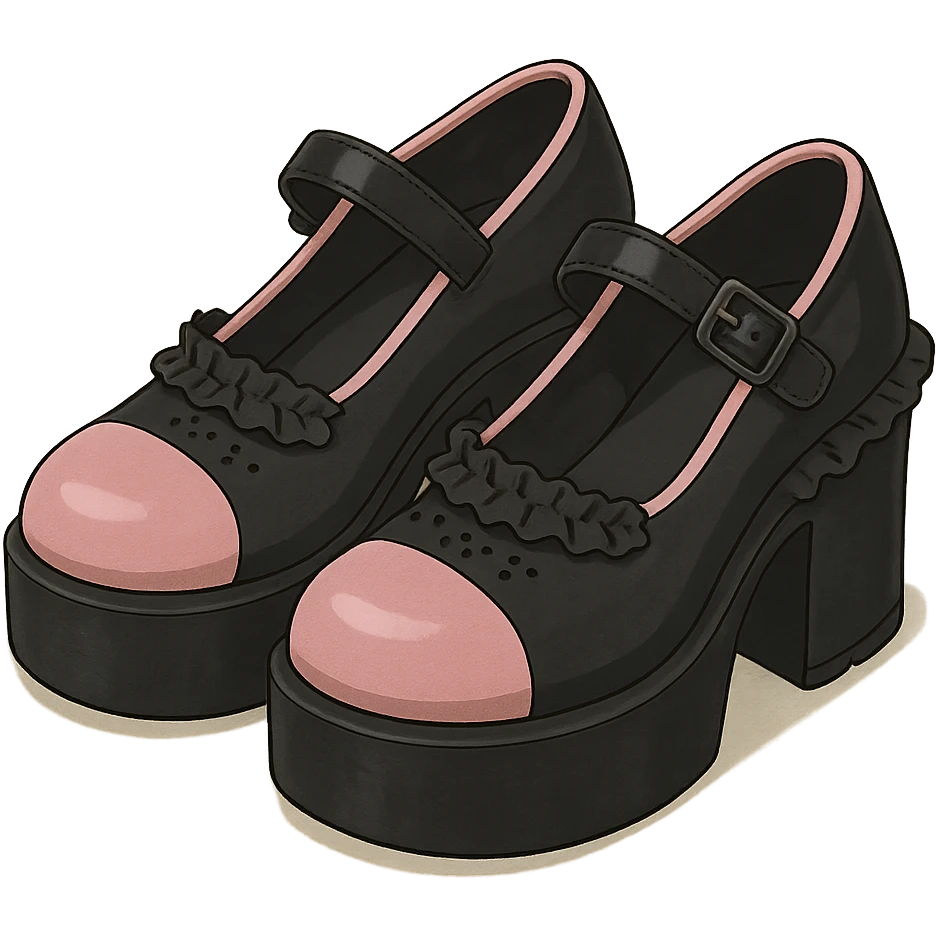 BLACKPINK-inspired gothic shoes, no hearts, black and pink, cute and stylish, ghibli style emoji