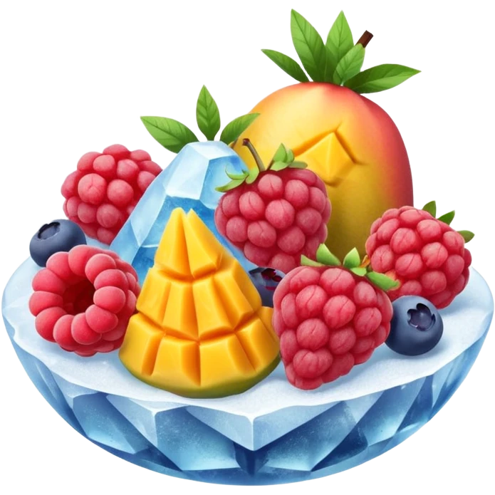frozen mixed fruits cluster with raspberries, blueberries, mango cubes, and strawberry slices, frosty with thin ice crystals, muted colors, plump and natural shapes, clean 3D rendering, soft lighting, subtle shadows, transparent background, emoji scale, optimized for clarity and frosty texture emoji