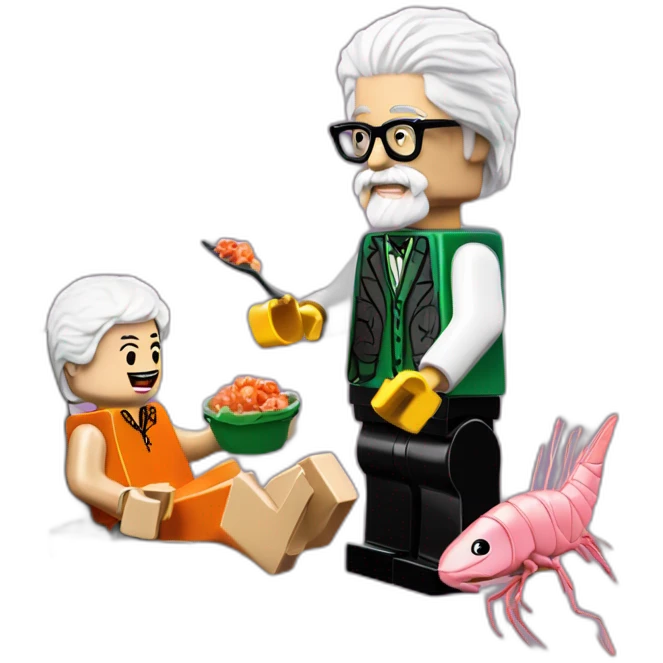 Des Lynam eating prawns with LEGO Lily Savage emoji